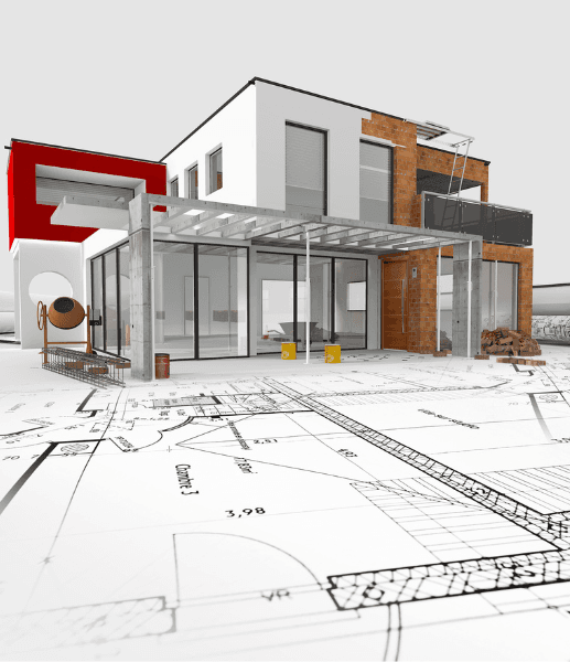 Modern building on architectural plans